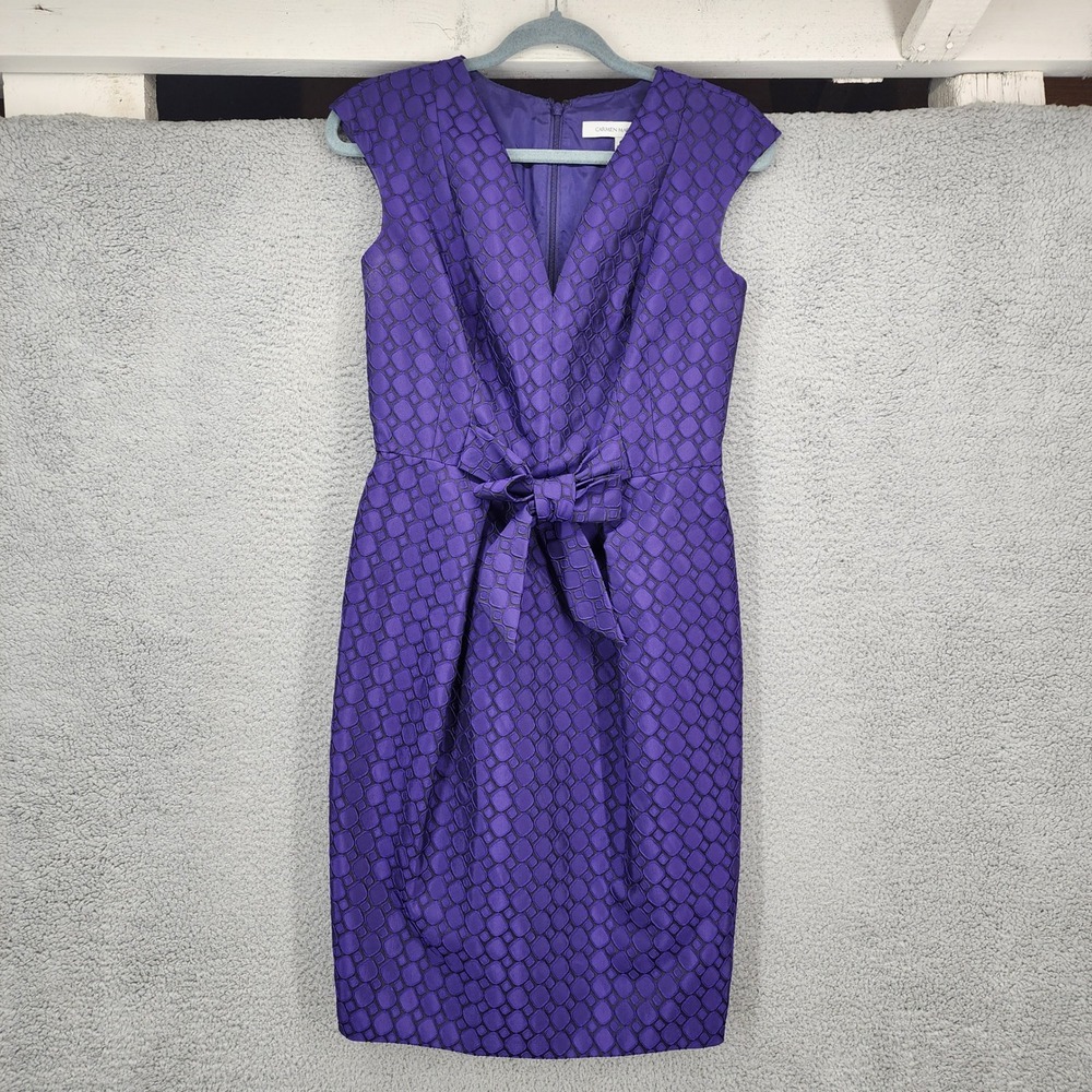 Carmen Marc Valvo Purple Geometric Jacquard Bow Sheath Dress Womens 4